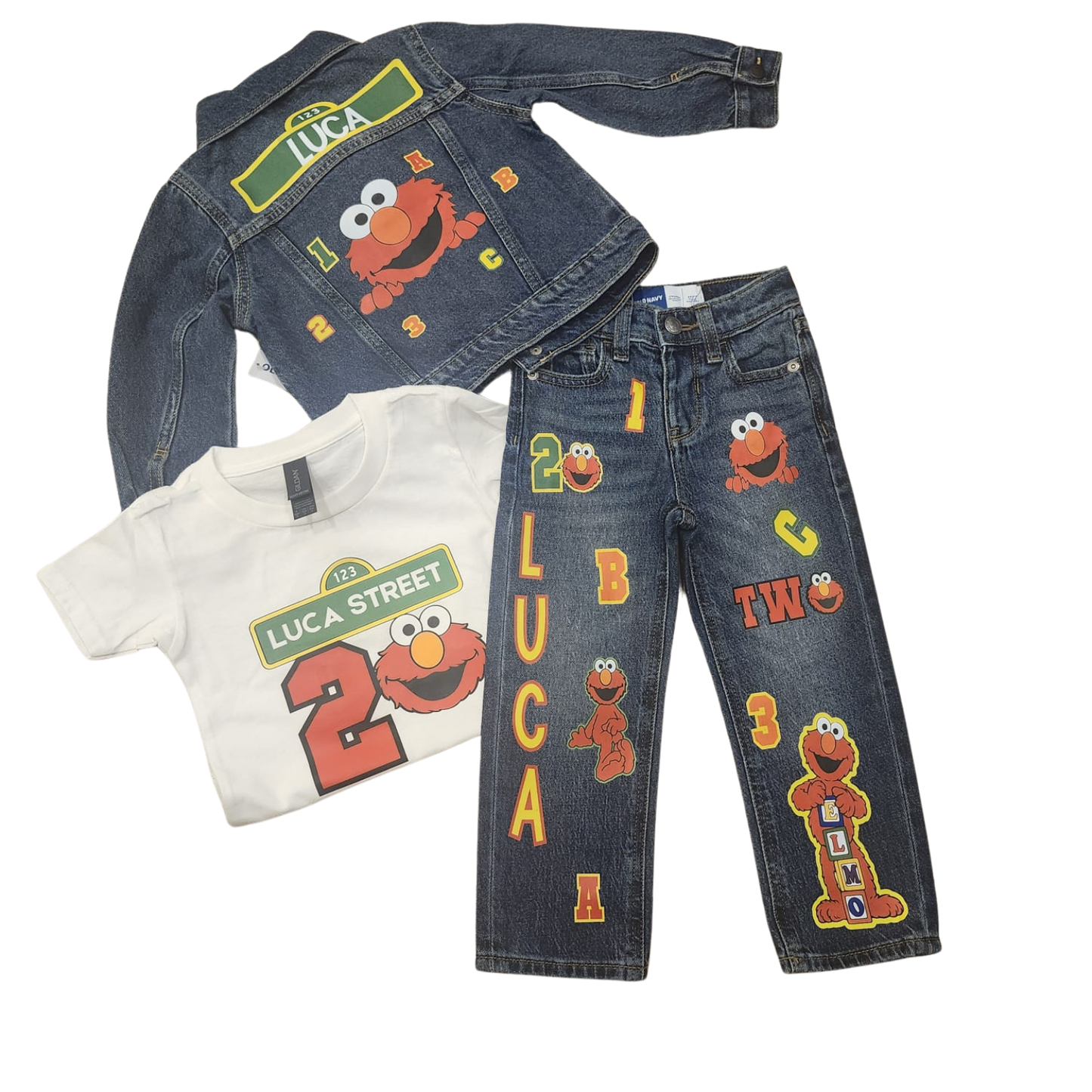 Elmo Denim Set-Boys Elmo denim set- Elmo Birthday outfit